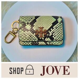 NEW $198 Tory Burch Flap Card Case Wallet Snake Python Animal Exotic Mint Green